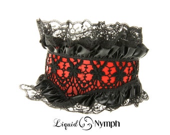 Fetish BDSM Maid Collar - BARDOT Red Leather and Black Lace Bondage Collar - Submissive & Fetish and Kitten Play Choker - ABDL Mdlg DDlg