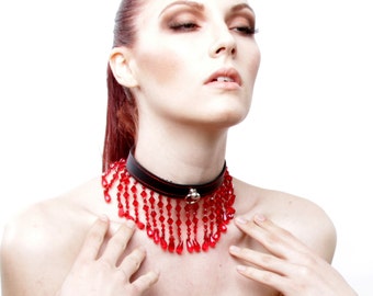 BDSM LEATHER CHOKER, Black Choker, Elegant Red Beaded Locking Poundage Slave Collar, Adjustable Collar Gift For Her