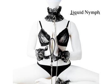 Black Leather Lace BDSM Set: Collar, Cuffs, Leash & Blindfold