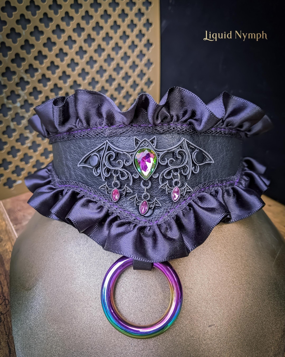 Leather Collar Bat With Rainbow Crystals Vampire Oddities BDSM Choker ...