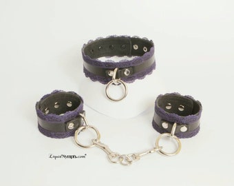 Black Leather Bondage Collar & Lace Cuffs Set