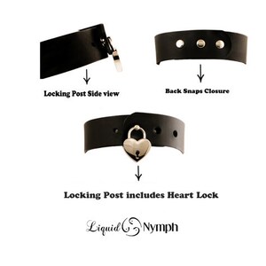 May include: Black leather choker with a heart-shaped lock and snap closure. The lock is silver and has a keyhole. The choker is adjustable and has a side view of the locking post.