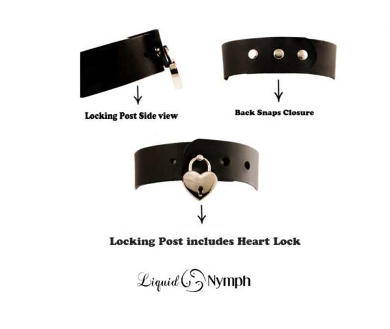 May include: Black leather choker with a heart-shaped lock and snap closure. The lock is silver and has a keyhole. The choker is adjustable and has a side view of the locking post.