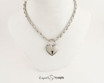 Locking Heart Padlock Necklace: Silver Chain Discreet Day Collar