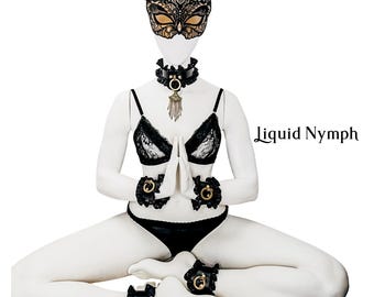 Leather Bondage Set Leather Blindfold Wrist Restraint Red Black Sensual BDSM Sensual Kink Elegant - Annemore