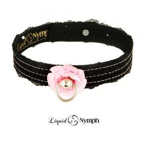 Black Lace Pink Rose BDSM Collar Slave Fetish Choker Leather Jewelery Submissive Bondage Locking Collar Kitty bell DDLG Adult Play image 2