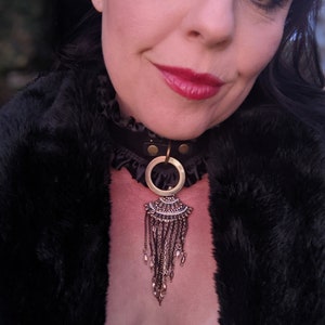 Annemore Collar Supple Black Leather & Leash Antique Brass Hardware and witchy elegant chain charm Bondage Collar Fetish Gothic Vampire Gold