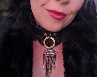 Black Leather Bondage Collar with Antique Brass Chain Charm in Annemore
