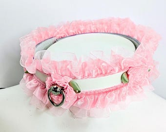 Pink Rose Leather Collar: Satin Ruffle BDSM Choker with Cuffs