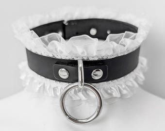 French Maid Leather Collar: BDSM Lace Ruffle Choker with Leash