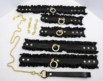 Luxury BDSM Complete Set Lynette Black Lace & Gold Collar Cuffs Leash Blindfold Black Leather Fetish Restraint Kit Bondage Collection