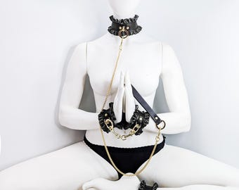 Bondage Collar & Cuffs Anklets, Black Leather Choker, Black BDSM Wrist Restraints, Bedroom Dungeon Bracelets, Kink Gear Lynette