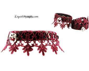 FETISH COLLARS, LOCKING Collar, Black Matte Leather Buckle Red Kitty Collar With Wine Fliagree Lace, Locking Designer Collar