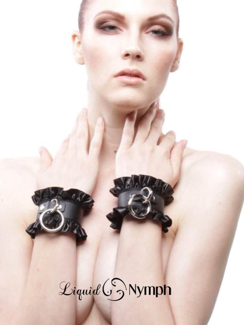 Black Satin Fetish Cuffs Lynette BDSM Wrist Restraints Cuffs DDLG Submissive Cuffs with Love Locks Bondage Cuffs image 1