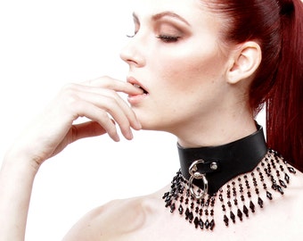 Black Leather Beaded Collar – Nyx Bondage Necklace