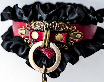 Red Leather Collar & Cuff Set, Steampunk Filigree Bondage Set