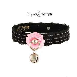 Black Lace Pink Rose BDSM Collar Slave Fetish Choker Leather Jewelery Submissive Bondage Locking Collar Kitty bell DDLG Adult Play image 1