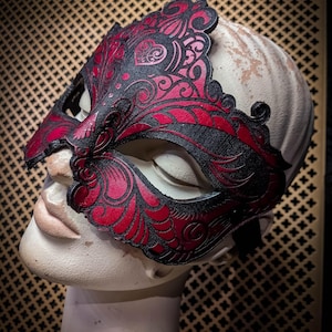 Laser Etched Leather Masquerade Mask: Hand Molded, Adjustable Strap