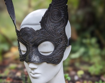 Black Bunny Leather Mask Rabbit Masquerade Leather Fetish Fancy Hand Molded and Mask Laser Etched  Kismask Sexy Bdsm eyes wide shut GOOP