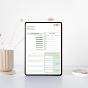 Op de afbeelding: Een digitale wellness-tracker op een tabletscherm met secties voor zelfzorgactiviteiten, slaaptracking, een dankbaarheidslijst en gewoontetracking. De tracker is ontworpen voor 2025.
