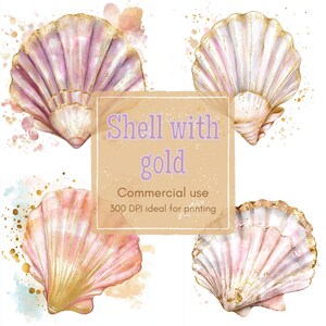 May include: Watercolor illustration of four seashells with gold accents. The shells are in shades of pink and white, with gold detailing along the edges. The image includes the text "Shell with gold" and "Commercial use".