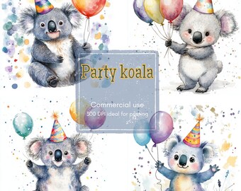9 Party Koala Clipart, Birthday Hat Koala Clipart, Festive Animal Clipart, Printable Watercolor, High-Quality JPGs, Papercraft, Junk Journal