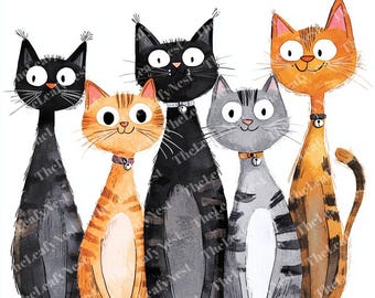 Funny Watercolor Cat Clipart: Silly Cartoon Kitties JPG & PNG Digital Download