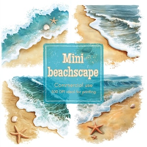 May include: Watercolor illustrations of mini beach scenes. The images feature ocean waves, sandy beaches, seashells, and starfish. The text "Mini beachscape" is displayed on a blue square, with the words "Commercial use" and "300 DPI ideal for printing" below.