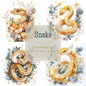 13 Golden Snake Clipart, Floral Reptile Clipart, Eucalyptus Animal Clipart, Printable Watercolor, High-Quality JPG &PNG, Papercraft, Journal