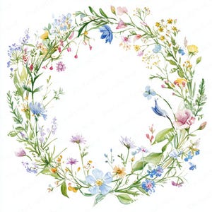 May include: A watercolor floral wreath featuring a variety of wildflowers in shades of blue, pink, yellow, and purple. The wreath is arranged in a circular shape with green foliage.