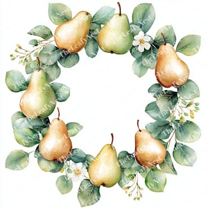 8 Ghirlande di pere e fiori, Clipart acquerello stampabile, JPG di alta qualità, Download digitale, Carta da parati, Sublimazione