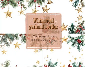 Watercolor Christmas Garland Clipart: Scandinavian Pine Border (Digital Download)