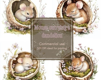 16 Walnut Mouse Clipart, Baby Mouse Clipart, Fairy Tale Animal Clipart, Printable Watercolor, High-Quality JPGs, Papercraft, Junk Journal