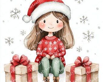 May include: Watercolor illustration of a girl wearing a red Santa hat and sweater with snowflake patterns. She is sitting between two gift boxes tied with red ribbons. The background features snowflakes.
