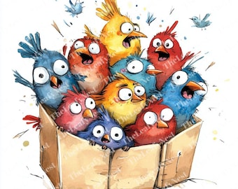 Funny Watercolor Bird Clipart: Peekaboo Cartoon Birds (JPG & PNG Digital Download