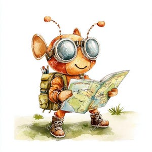 Può includere: Illustrazione ad acquerello di un personaggio arancione a forma di pesce con occhiali, uno zaino e stivali, che legge una mappa. Il personaggio ha antenne e sorride. Lo sfondo è bianco con erba verde.