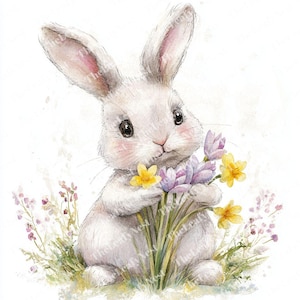 15 Pastel Bunny with Spring Flowers Clipart, Printable Watercolor Clipart, High-Quality PNG JPG, Digital Download, Papercraft, Junk Journal