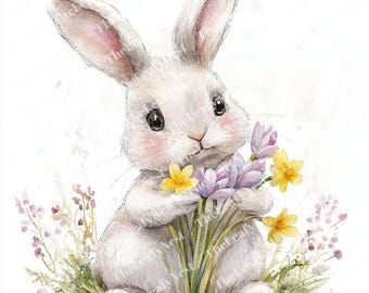 15 Pastel Bunny with Spring Flowers Clipart, Printable Watercolor Clipart, High-Quality PNG JPG, Digital Download, Papercraft, Junk Journal