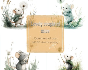 9 Dandelion Mouse Clipart, Walking Mouse Clipart, Pastel Forest Clipart, Printable Watercolor, High-Quality JPGs, Papercraft, Junk Journal