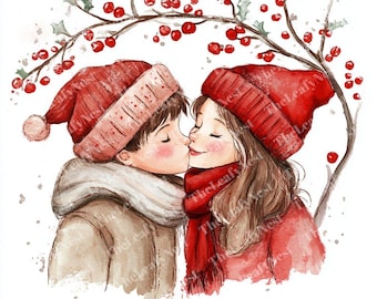 Watercolor Christmas Couple Clipart, Romantic Winter Art (Digital Download)