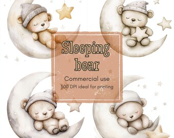 11 Baby Bear Clipart, Moon Sleep Clipart, Plush Star Clipart, Printable Watercolor, High-Quality JPGs & PNGs, Papercraft, Junk Journal