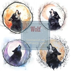 9 Black Wolf Clipart, Pastel Moon Clipart, Crescent Frame Clipart, Printable Watercolor, High-Quality JPGs, Papercraft, Junk Journal