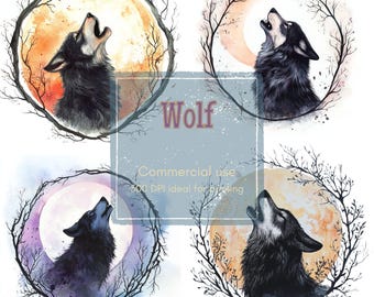 Watercolor Black Wolf Clipart: Pastel Moon Crescent Frame (JPG Digital Download)