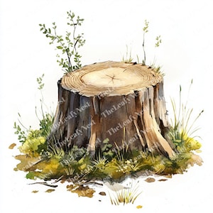 10 Tree Stump Clipart, Mossy Forest Clipart, Printable Watercolor clipart, High Quality JPGs, Digital download, Paper craft, junk journals