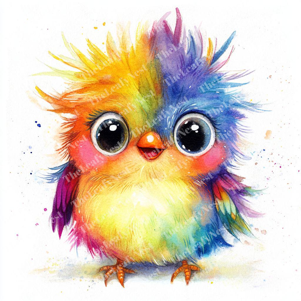 虹色の鳥のクリップアート：水彩画のちびアート、面白い漫画スタイル