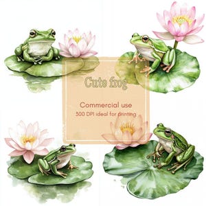 10 Frog Lily Pad Clipart, Lotus Pond Clipart, Peaceful Amphibian Clipart, Printable Watercolor, High-Quality JPGs, Papercraft, Junk Journal