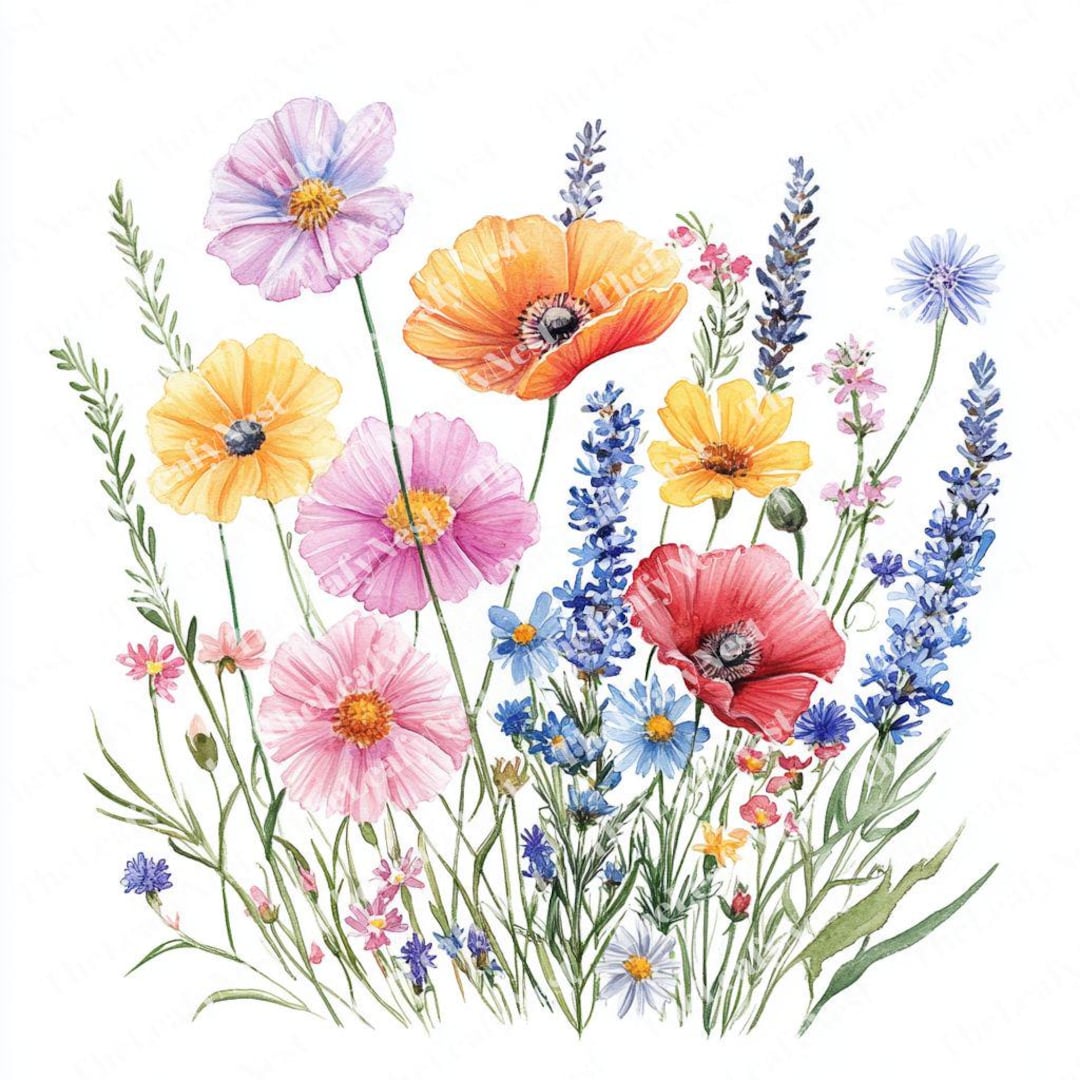 Watercolor Wildflower Clipart: Poppy, Daisy, Cosmos (PNG Digital