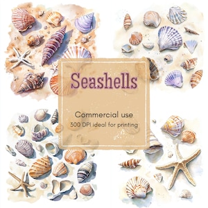 12 Seashell Collection Clipart, Watercolor Beach Shells on Sand, Printable Clipart, High Quality JPGs, Digital Download, Junk Journal