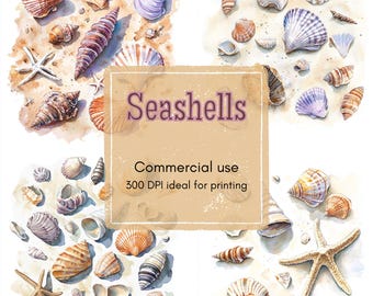 12 Seashell Collection Clipart, Watercolor Beach Shells on Sand, Printable Clipart, High Quality JPGs, Digital Download, Junk Journal
