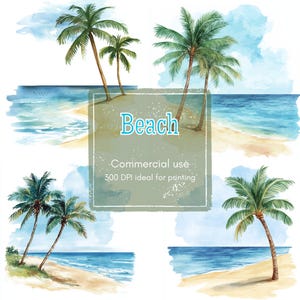 9 Beach Scene Clipart, Palm Tree Clipart, Minimal Coastal Clipart, Printable Watercolor, High-Quality JPGs, Papercraft, Junk Journal